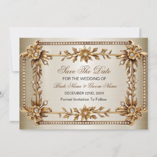 Gouden  Rechthoek Dimond Flowers Shiny Save The Date (Voorkant)