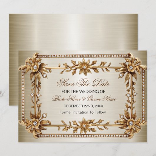 Gouden Rechthoek Dimond Flowers Shiny Save The Date (Voorkant / Achterkant)
