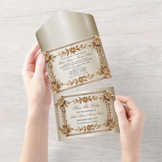 Gouden Rechthoek Dimond Flowers Shiny Wedding All In One Uitnodiging (Afscheurbaar)