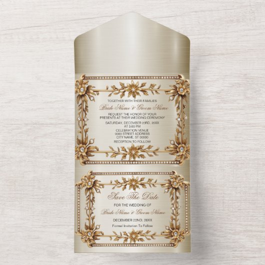 Gouden Rechthoek Dimond Flowers Shiny Wedding All In One Uitnodiging (Binnen)