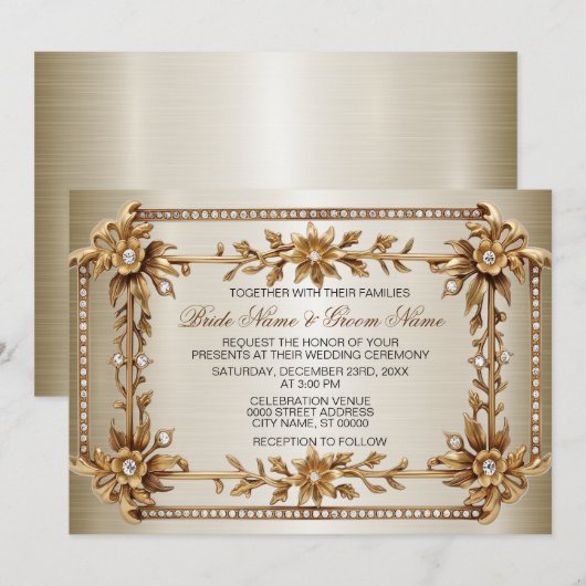 Gouden  Rechthoek Dimond Flowers Shiny Wedding Kaart (Voorkant / Achterkant)