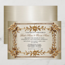Gouden  Rechthoek Dimond Flowers Shiny Wedding Kaart