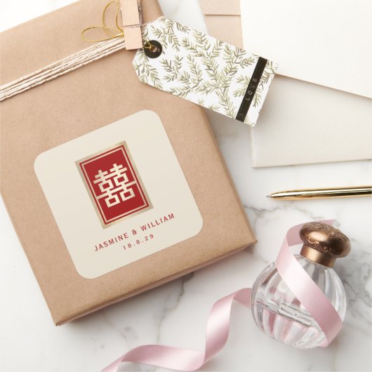 Gouden Rechthoek Dubbel Geluk Chinees Huwelijk Vierkante Sticker (Geschenken)