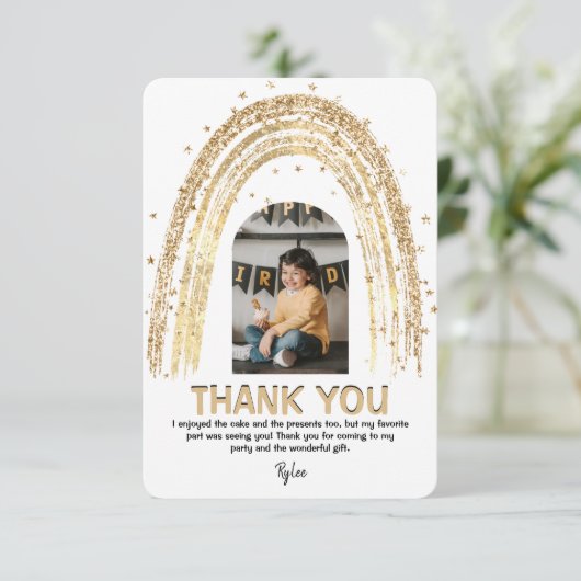 Gouden Regenboog | Kids Foto Verjaardag | Bedankkaart (Staand voorkant)