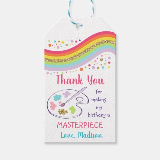 Gouden Regenboog Kunst Partij Verjaardag Dank u Cadeaulabel (Voorkant)