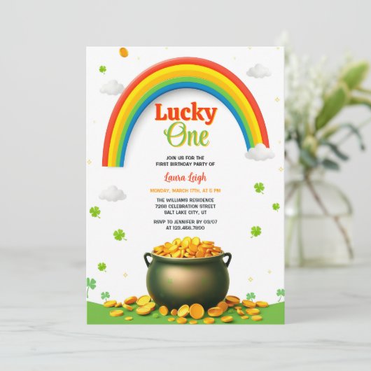 Gouden regenboog St Patricks Day Lucky 1st Birthda Kaart (Staand voorkant)