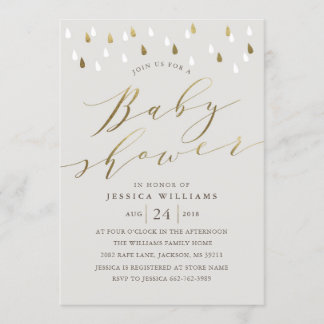 Gouden regendruppels en script baby shower nodigen kaart