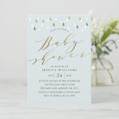 Gouden regendruppels en script baby shower nodigen kaart (Staand voorkant)