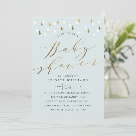 Gouden regendruppels en script baby shower nodigen kaart (Staand voorkant)