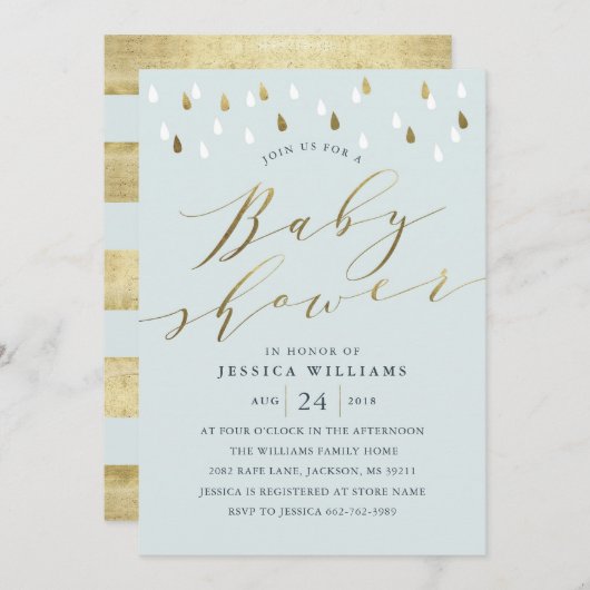 Gouden regendruppels en script baby shower nodigen kaart (Voorkant / Achterkant)