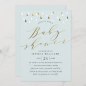 Gouden regendruppels snd script baby shower uitnod kaart (Voorkant / Achterkant)