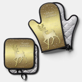 Gouden Rendier Besneeuwd Ovenwant & Pannenlap Set