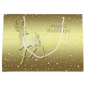Gouden Rendier Besneeuwde Kerstcadeautas Groot Cadeauzakje (Voorkant)