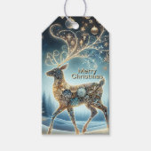 Gouden rendier Kerst Ornamenten Blauwe lucht Cadeaulabel (Voorkant)