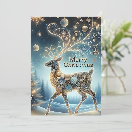 Gouden rendier Kerst Ornamenten Blauwe lucht Feestdagenkaart (Staand voorkant)