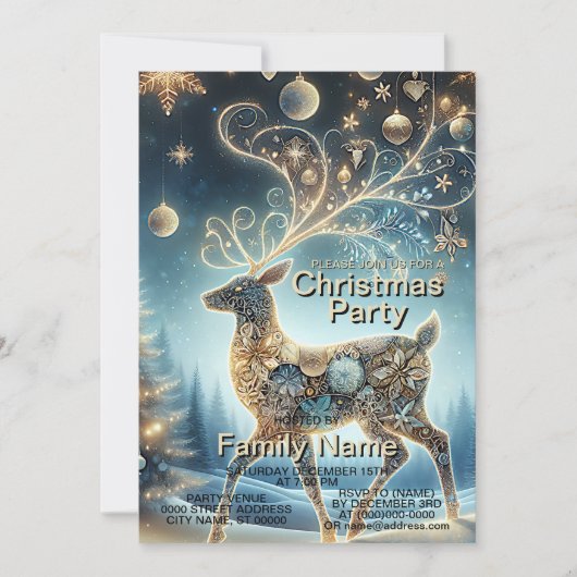 Gouden rendier Kerst Ornamenten Blauwe lucht Kaart (Voorkant)