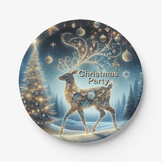 Gouden rendier Kerst Ornamenten Blauwe lucht Papieren Bordje (Voorkant)