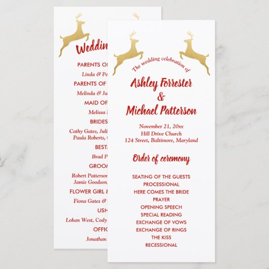 Gouden rendier | Kerst | Trouwprogramma Programmakaart (Voorkant / Achterkant)