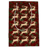 Gouden rendier op  Faux Red Green Velvet Medium Cadeauzakje (Voorkant)