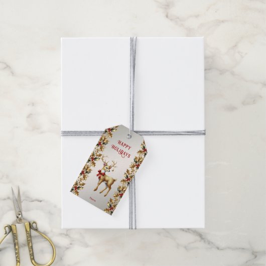 Gouden rendier vakantie cadeau Label Cadeaulabel (Met Touw)