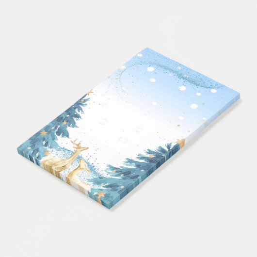 Gouden rendieren, blauwe dennenbomen post-it® notes (Schuin)