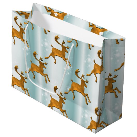 Gouden rendieren op Bleke Aqua Kerstmis Groot Cadeauzakje (Voorkant Gekanteld)