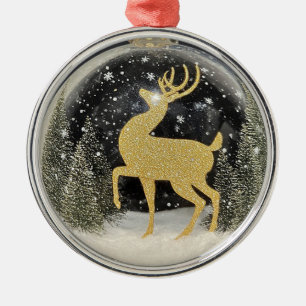 Gouden Rendierornament in een Besneeuwd Kerstglas Metalen Ornament