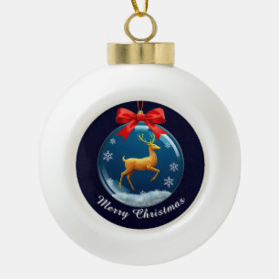 Gouden rendierornament met rode strik keramische bal ornament
