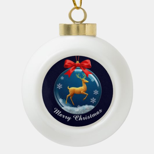 Gouden rendierornament met rode strik keramische bal ornament (Voorkant)
