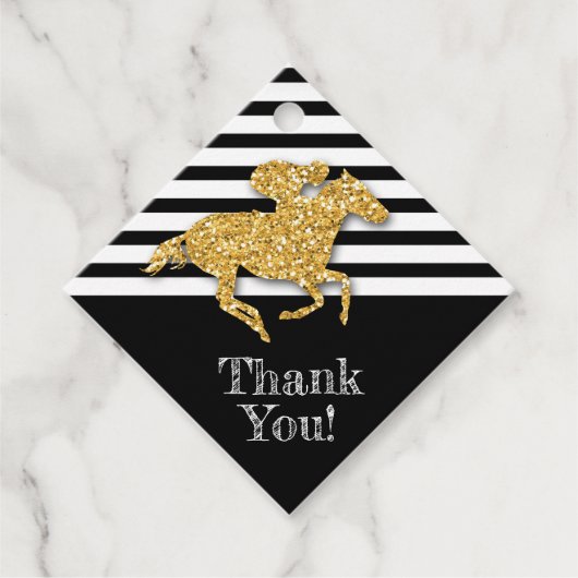 Gouden renpaard op zwarte strepen bedankjes labels (Voorkant)