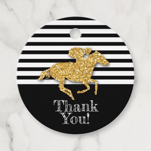 Gouden renpaard op zwarte strepen bedankjes labels (Voorkant)