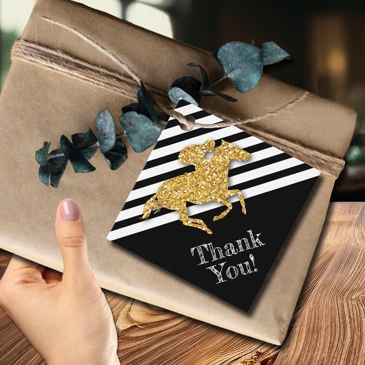 Gouden renpaard op zwarte strepen bedankjes labels