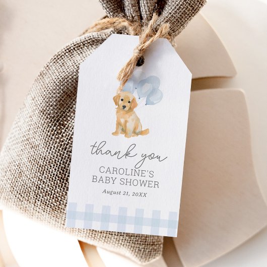 Gouden Retriever Blauwe Gingham Baby Shower Cadeaulabel