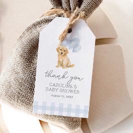 Gouden Retriever Blauwe Gingham Babyfeestje Cadeaulabel
