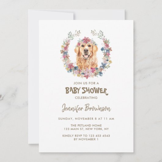 Gouden Retriever Bloemenkrans Hond Baby Shower Kaart (Voorkant)