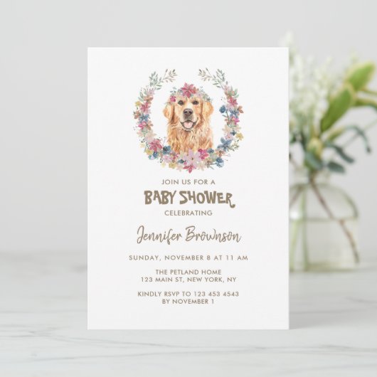 Gouden Retriever Bloemenkrans Hond Baby Shower Kaart (Staand voorkant)