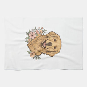 Gouden Retriever Bloemige Vintage Graveerontwerp_1 Theedoek