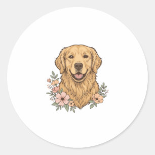 Gouden Retriever Bloemige Vintage Gravure Ontwerp_ Ronde Sticker