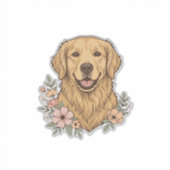 Gouden Retriever Bloemige Vintage Gravure Ontwerp_ Sticker (Voorkant)