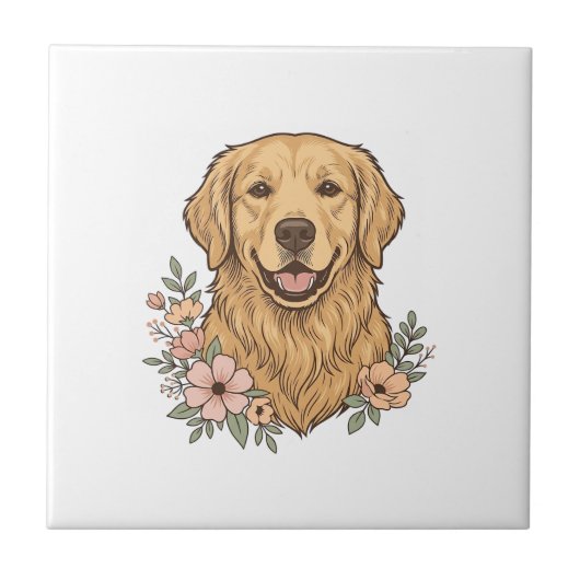 Gouden Retriever Bloemige Vintage Gravure Ontwerp_ Tegeltje (Voorkant)