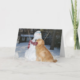 Gouden Retriever Bouwt Sneeuwman voor de Feestdage Feestdagen Kaart