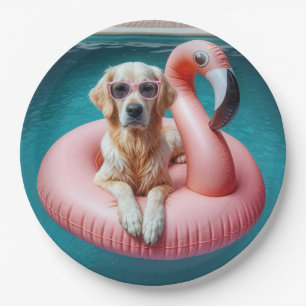 Gouden Retriever Drijvend Op Een Flamingo Zwembad  Papieren Bordje