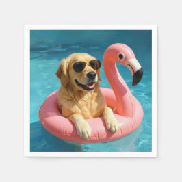 Gouden Retriever Drijvend Op Een Flamingo Zwembad  Servet