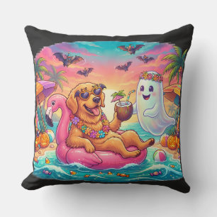 Gouden Retriever Drijvend op Roze Flamingo Hallowe Kussen