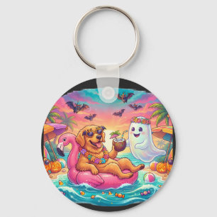 Gouden Retriever Drijvend op Roze Flamingo Hallowe Sleutelhanger