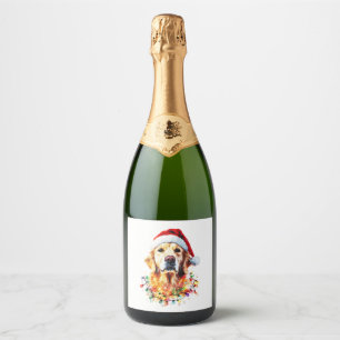 Gouden Retriever Grappige hond Kerstman Hoed licht Sparkling Wijnetiket