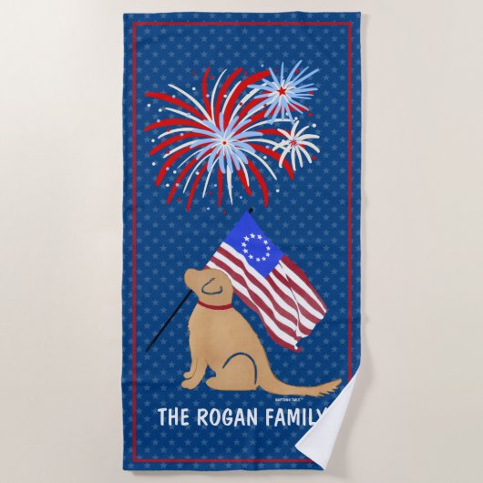 Gouden Retriever Hond Amerikaanse Vlag Strandhandd Strandlaken (Voorkant)