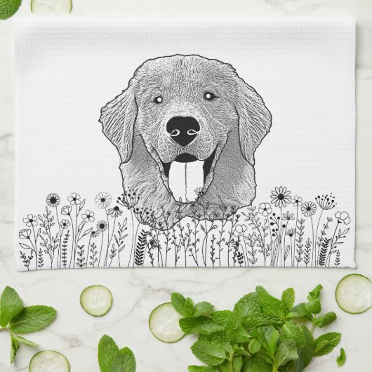 Gouden Retriever Hond Gepersonaliseerde Hand Drawi Theedoek (Gevouwen)