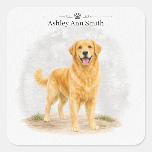 Gouden Retriever Hond  Gepersonaliseerde Naam Vierkante Sticker (Voorkant)