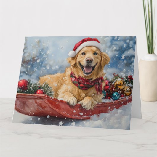 Gouden Retriever-hond in slee Sneeuw Kerstmis Kaart (Voorkant)